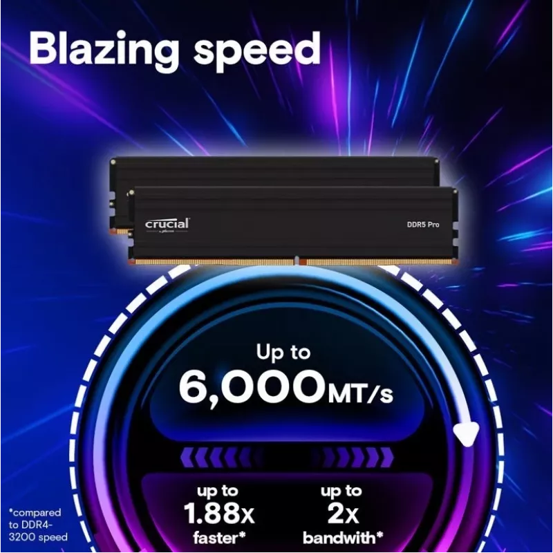 Módulo Crucial Pro 16 GB - DIMM 288-PIN Low Profile - 6000 MHz / PC5-48000 - CL48 - 1.1 V - sem buffer - on-die ECC - preto mate