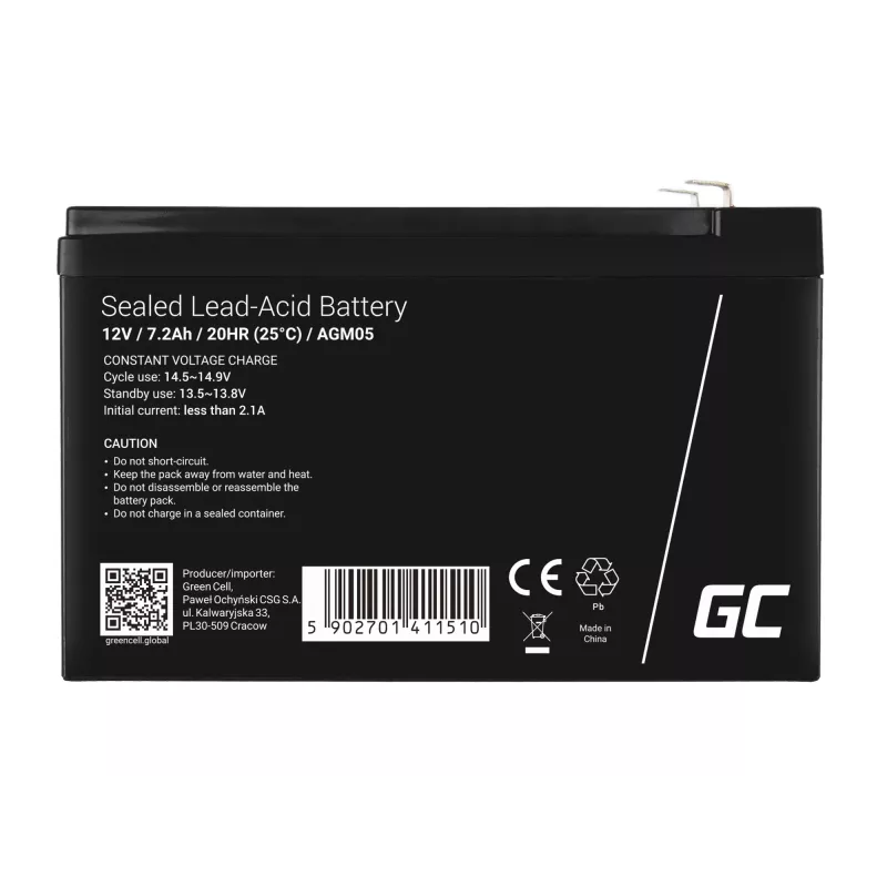 Bateria UPS Green Cell AGM05 — 12 V 7,2 Ah chumbo-ácido (VRLA), 95 mm A, 151×65 mm, 2,15 kg