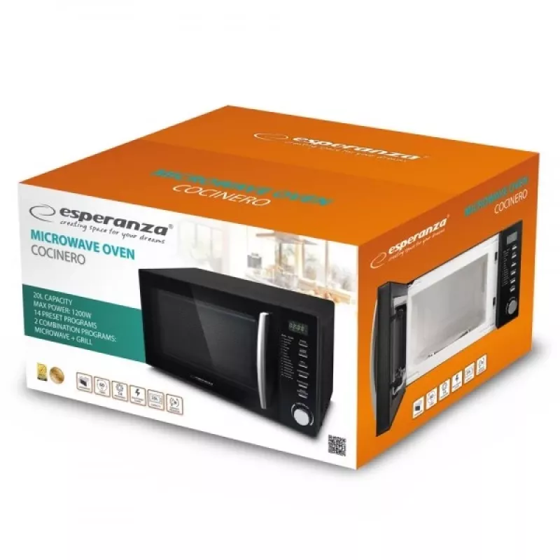 Micro-ondas combinado ESPERANZA COCINERO 1200 W, 20 L, grelhador 900 W, visor LED, aparelho de bancada, preto