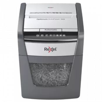 Destruidora de documentos Rexel Optimum AutoFeed+ 50X com alimentação automática, corte em partículas, P4