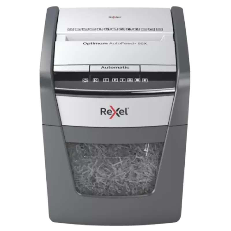 Destruidora de documentos Rexel Optimum AutoFeed+ 50X com alimentação automática, corte em partículas, P4