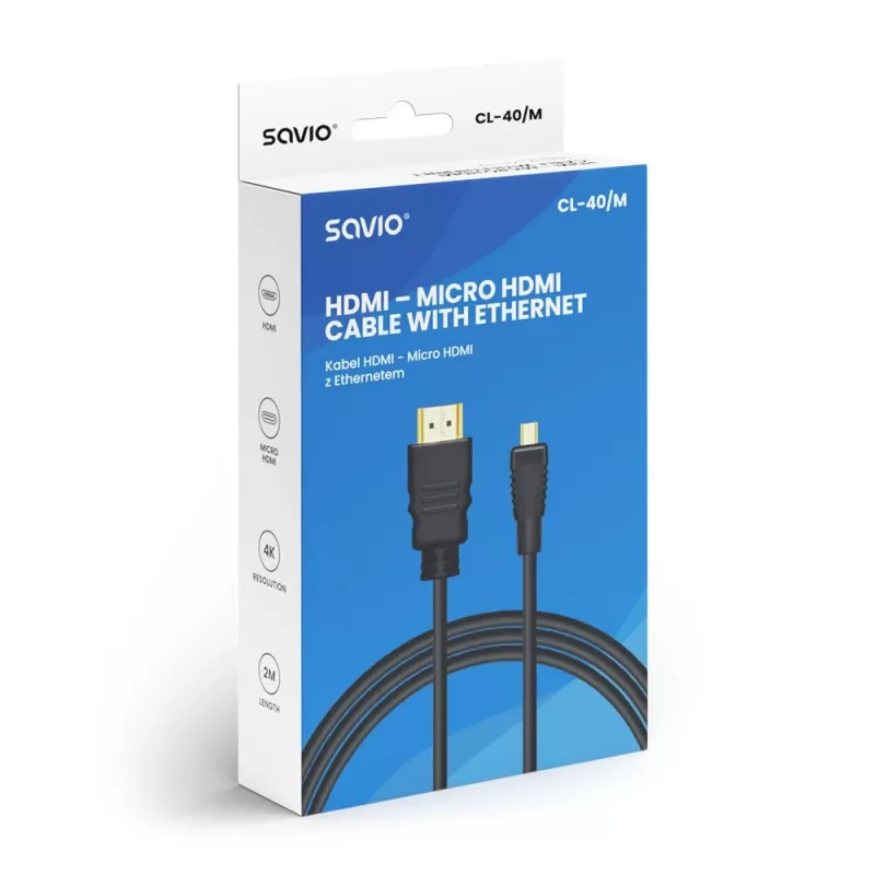 Cabo Savio CL-40/M HDMI (macho) - micro HDMI (macho) com Ethernet, 2m, preto