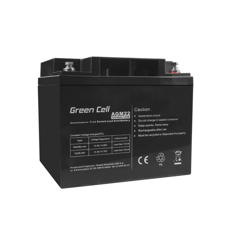 Green Cell AGM22 bateria para UPS, AGM de chumbo-ácido selada (VRLA), 12 V 40 Ah, 170 x 165 mm, 12,1 kg, preta