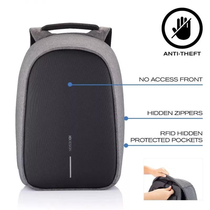 XD Design Bobby Hero Regular P705.292 mochila antirroubo, portátil de 15,6 polegadas, tablet de 12,9 polegadas, 16 l, porta de carregamento USB, bolso RFID, cinzento