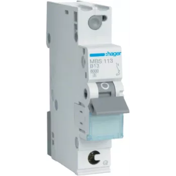 Hager MBS113. Corrente nominal: 13 A, Frequência de rede: 50/60 Hz. Tipo: B, número máximo de módulos: 1 módulo(s). Largura: 17,5 mm, Profundidade: 70 mm, Altura: 83,4 mm (MBS113)