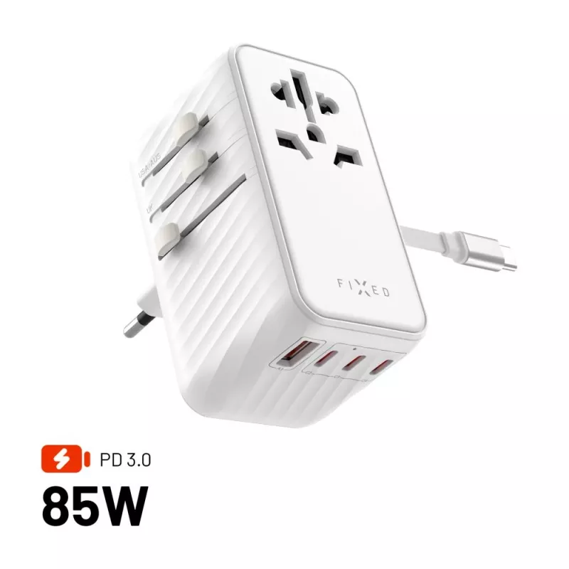 Fixed | Adaptador de viagem Voyager 85W para UE, Reino Unido e EUA/AUS, com 4xUSB-C e 1xUSB saída | Adaptador