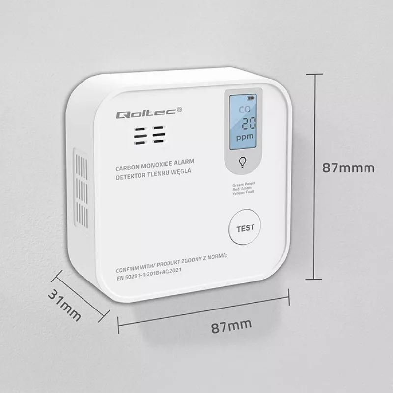 Sensor de monóxido de carbono QOLTEC 52577 — alarme a pilhas, nível sonoro 85 dB