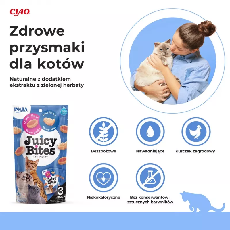 Snacks húmidos para gatos INABA Juicy Bites frango e atum 3 x 11 g saquetas, sem cereais, proteína 24 %, humidade 71 %