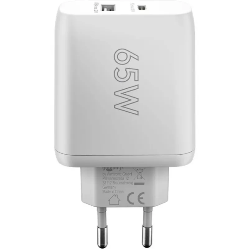 Carregador duplo rápido USB-C, PD, GaN, 65 Watt (branco, 1x USB-C, 1x USB-A, Power Delivery)
