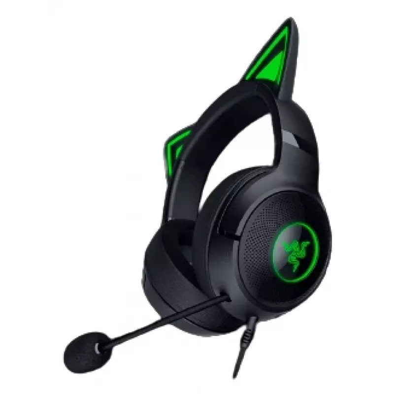 Kraken Kitty V2 - Preto, Auscultadores gaming, Orelhas de gato, Iluminação reativa a streams, Microfone cardioide HyperClear, Drivers TriForce de 40 mm, Microfone integrado nas almofadas, Razer Chroma RGB (orelhas e almofadas), Som surround: Disponível apenas em