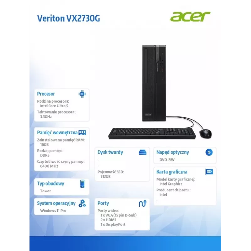 PC de secretária Acer Veriton VX2730G U5 225 com 16 GB RAM e 512 GB SSD, Windows 11 Pro