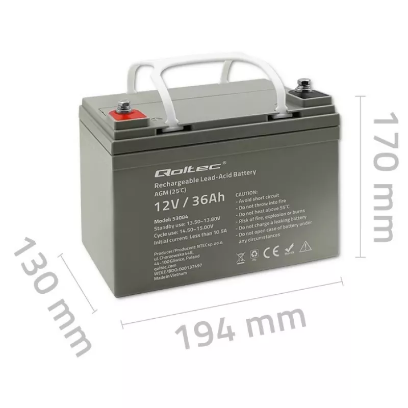Bateria UPS AGM selada QOLTEC 53084 12V 36Ah LongLife