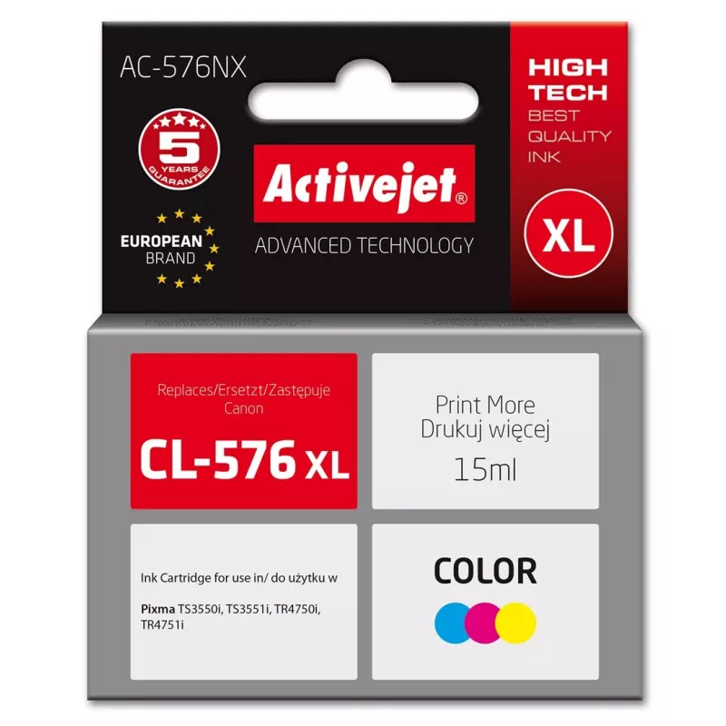 Tinteiro ActiveJet AC-576NX compatível com Canon CL-576XL High (XL) Yield, à base de corante amarelo/vermelho/azul, 15 ml