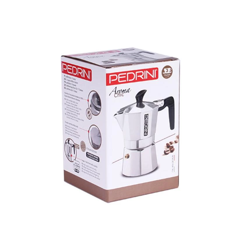 Máquina de café Pedrini 9083-3 – cafeteira de fogão em alumínio polido, 3 chávenas, prateado e preto