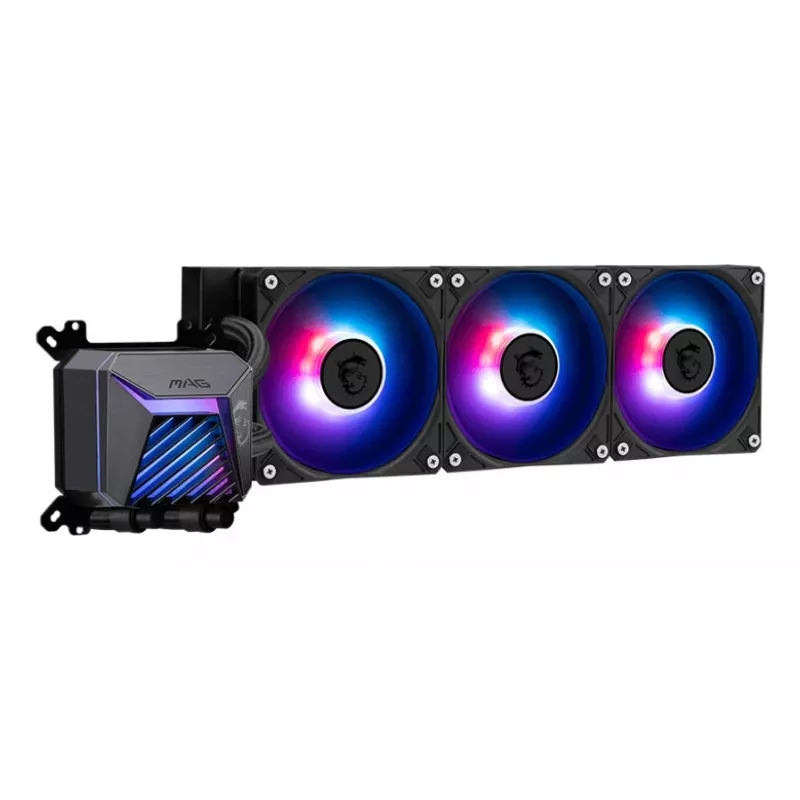 Refrigeração líquida all-in-one MSI MAG Coreliquid A15 360 — 3 ventoinhas de 120 mm, radiador 394 x 120 x 27 mm, bomba 5V, RGB, compatível com LGA 1851
