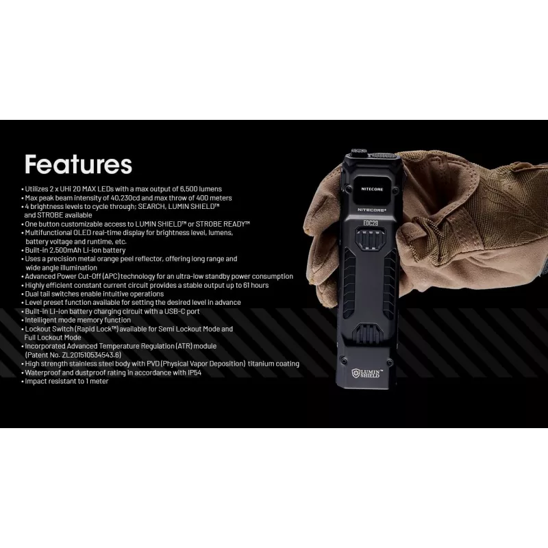 Lanterna de mão Nitecore EDC29 caixa em aço inoxidável, 2 LEDs, 15–6500 lm, IP54, recarregável por USB