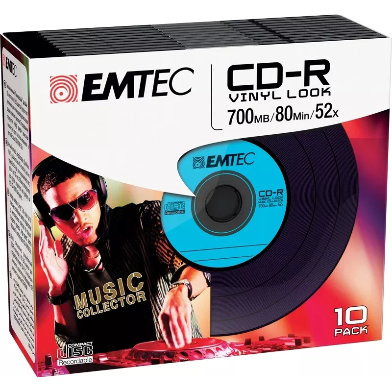 EMTEC Vinyl Look - 10 x CD-R - 700 MB (80 Min) 52x - azul, amarelo, lilás, verde, rosa - Slim Jewel Case