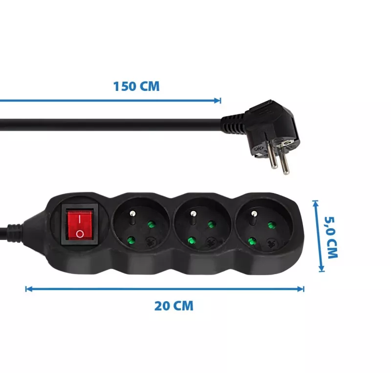 Extensão elétrica ESPERANZA ELK210K — cabo 1,5 m, 3 tomadas AC tipo E, ficha angular, interior, preto