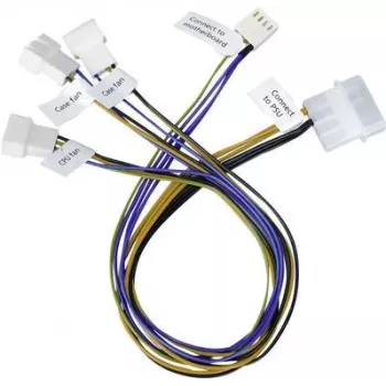 Cabo de ligação para ventoinha de PC Akasa [3x ficha de ventoinha de PC 4 pinos - 1x conector de alimentação IDE 4 pinos, conector de alimentação IDE 4 pinos] 0,30 m preto
