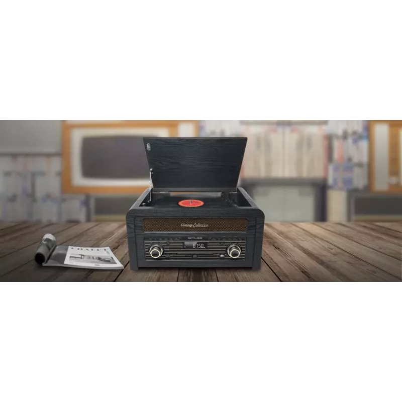 Gira-discos muse MT-115 W — preto/dourado, 33-45-78 rpm, braço de leitura em J, botão de volume, 240V AC