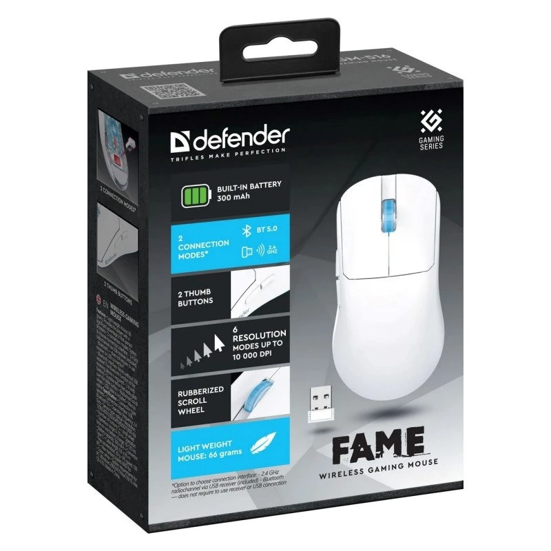 Rato sem fios DEFENDER FAME GM-516 RF+BT 10000DPI 6P branco