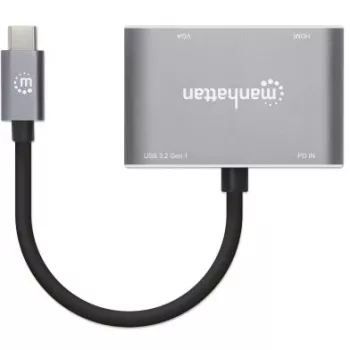 Docking station USB-C Manhattan, ligações (x4): HDMI, USB-A, USB-C e VGA, com Power Delivery (PD) 87W – carregador USB-C externo necessário (não incluído). Alimentado por USB (sem fonte de alimentação externa necessária) quando o PD não é utilizado, alumínio