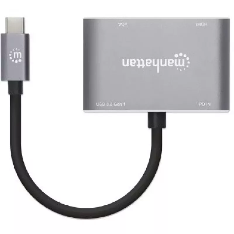 Docking station USB-C Manhattan, ligações (x4): HDMI, USB-A, USB-C e VGA, com Power Delivery (PD) 87W – carregador USB-C externo necessário (não incluído). Alimentado por USB (sem fonte de alimentação externa necessária) quando o PD não é utilizado, alumínio