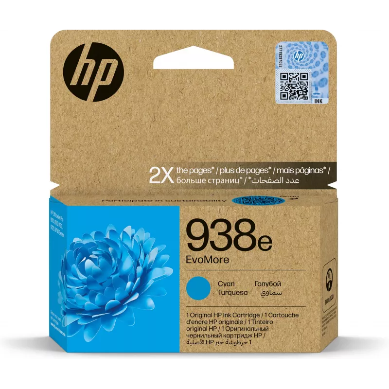 Tinteiro HP 938e EvoMore ciano – rendimento padrão, embalagem individual, aprox. 1650 páginas