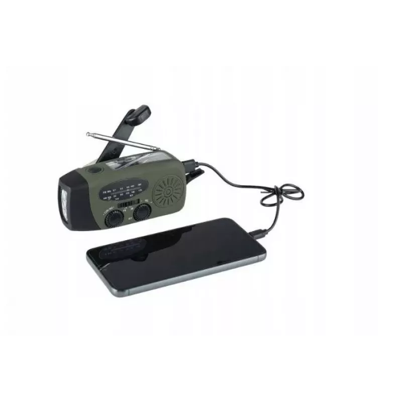 Rádio de emergência FOSCO 464600 com lanterna LED, powerbank, FM, IPX3, carregamento solar/manivela/USB-C — verde/preto