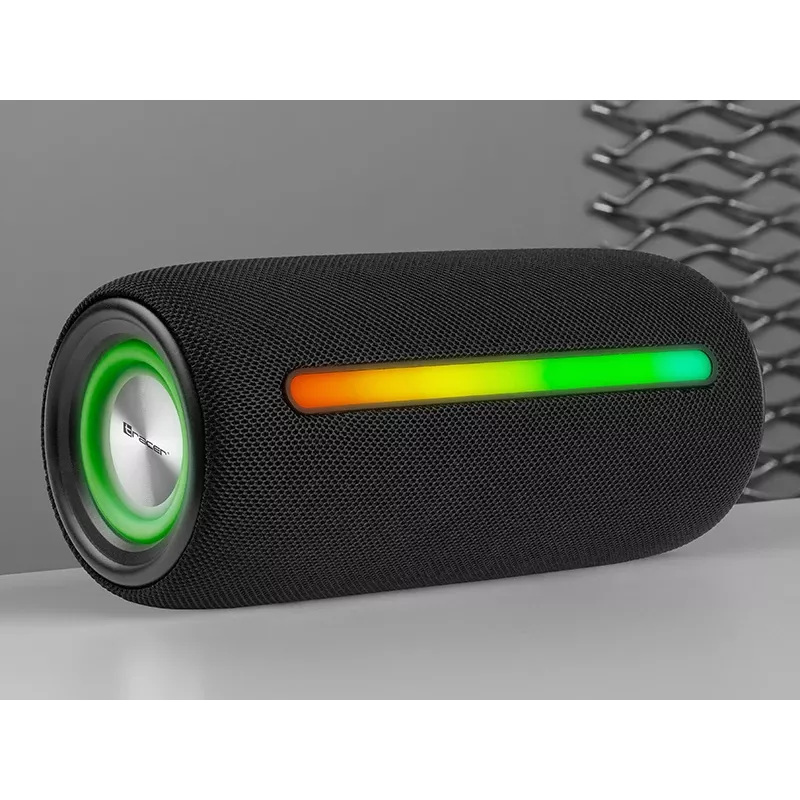 Altifalante estéreo portátil TRACER Stripe preto — 10 W RMS, Bluetooth/com fios, USB-A e USB-C, MicroSD, bateria integrada (até 5 h)