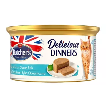 Comida húmida para gatos butcher's Delicious Dinners Mousse com atum e peixe do mar, lata 85 g, adulto, sem açúcar e sem glúten