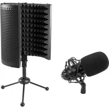 Conjunto de microfone condensador de grande diafragma Omnitronic CM-78MK2 com sistema absorvente de microfone de mesa AS-04