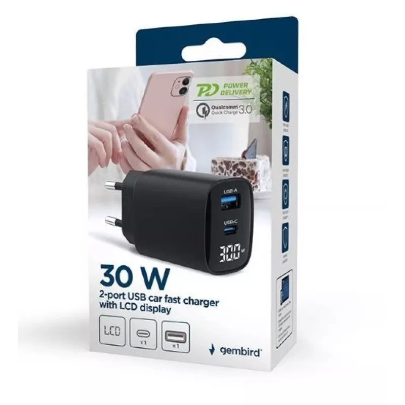 Carregador móvel Gembird TA-UC-PDQC30LCD-BK-01 carregamento rápido preto
