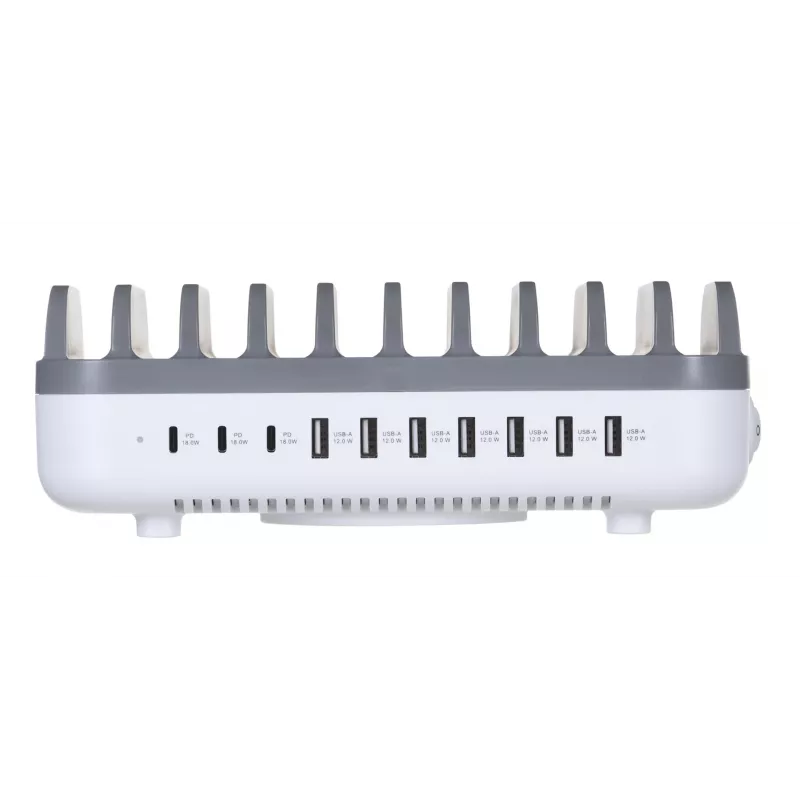 Estação de carregamento Manhattan, 10x portas: 3x USB-C (até 18W PD) e 7x USB-A (até 12W), 120W de saída total, branco/cinzento, garantia de três anos