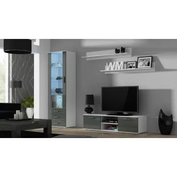 Suporte de TV cama meble SOHO 140 — 1400×430×370 mm, tampo branco, aglomerado, estrutura branca, branco/cinzento brilhante