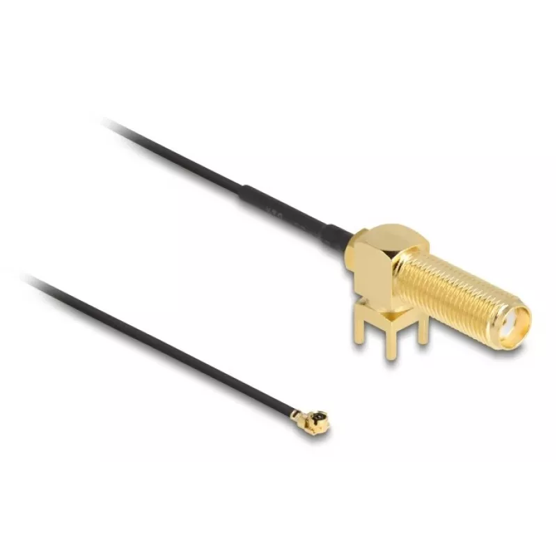 Cabo de antena DeLOCK SMA 90° conector fêmea PCB cabo coaxial blindado 0,15 m I-PEX MHF1 Preto Dourado