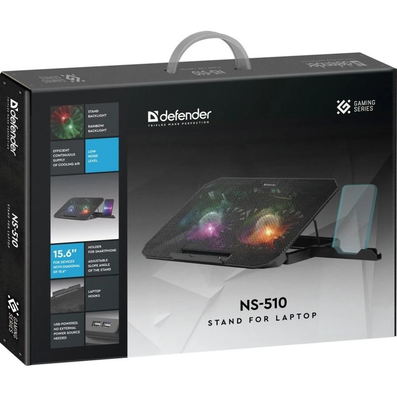 Base de arrefecimento para portátil DEFENDER NS-510 com 2 ventoinhas, 2 portas USB e iluminação RGB