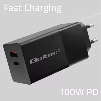 Carregador Qoltec 52382 GaN POWER PRO | 1xUSB Type C | 1xUSB A | 100W | 5-20V | 1.5-5A | PD | preto