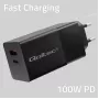 Carregador Qoltec 52382 GaN POWER PRO | 1xUSB Type C | 1xUSB A | 100W | 5-20V | 1.5-5A | PD | preto