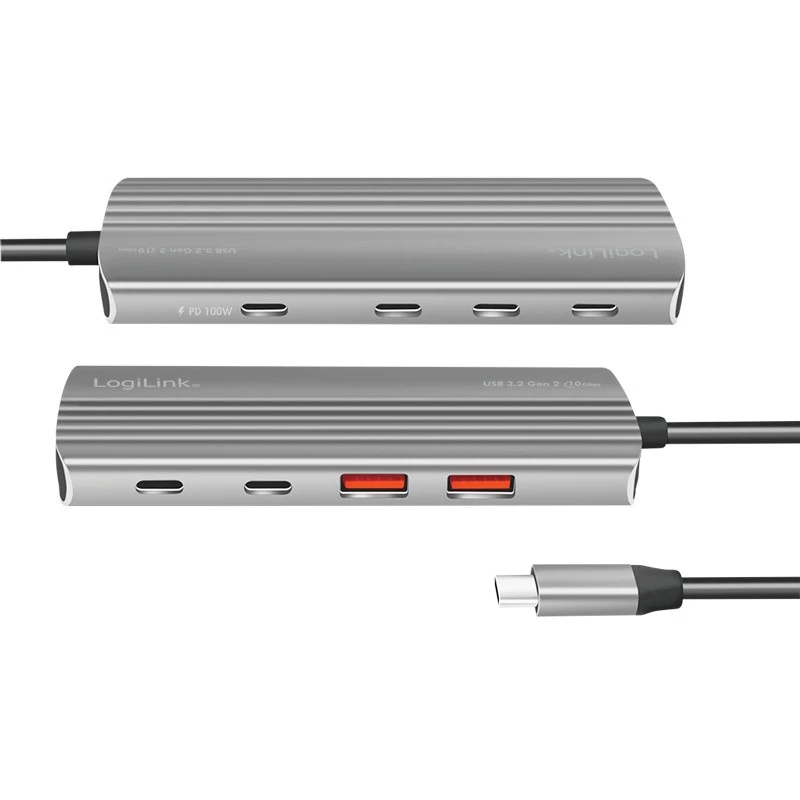 Hub LogiLink USB 3.2 Gen2 7+1 portas 2x USB-A 5x USB-C PD 100W alumínio
