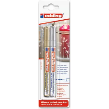 Conjunto de marcadores Edding e-751, ponta redonda, dourado e prateado metálico, pack de 2