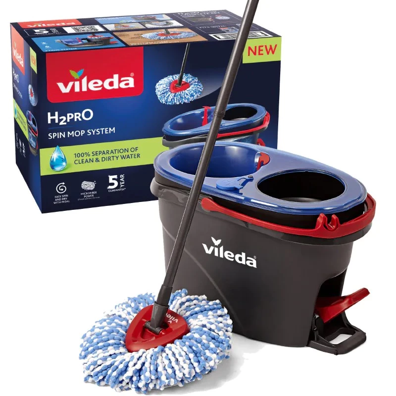 Vileda H2PrO Spin Mop conjunto, esfregona rotativa com sistema de dois depósitos e cabo telescópico, microfibra, preto/vermelho/azul