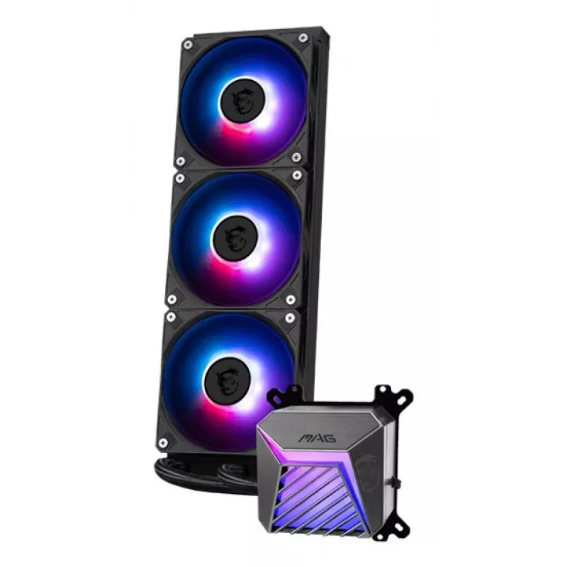Refrigeração líquida all-in-one MSI MAG Coreliquid A15 360 — 3 ventoinhas de 120 mm, radiador 394 x 120 x 27 mm, bomba 5V, RGB, compatível com LGA 1851