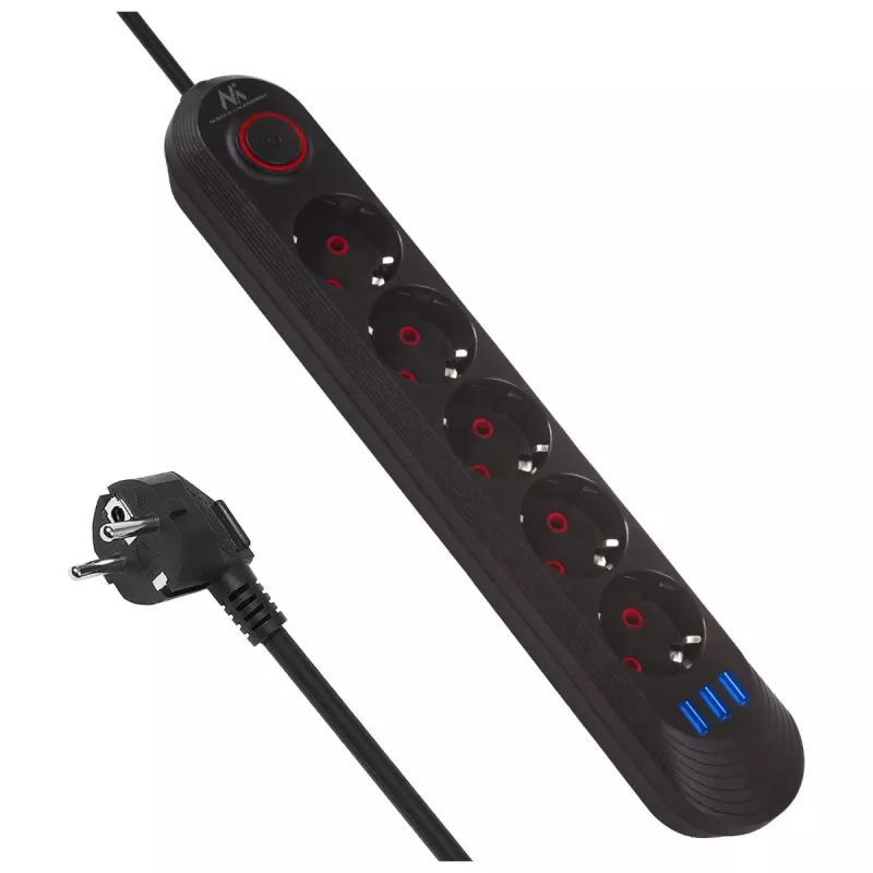 Extensão elétrica MACLEAN MCE395 B — 5 tomadas, 3×USB, 110–240V AC, 2,1A USB, 2500W, cabo de 1,5 m, preto