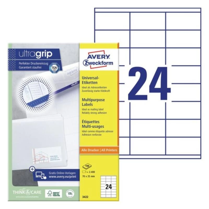 Etiquetas universais 70x35mm InkjetLaserCopy A4 100 folhas 2400 peças branco