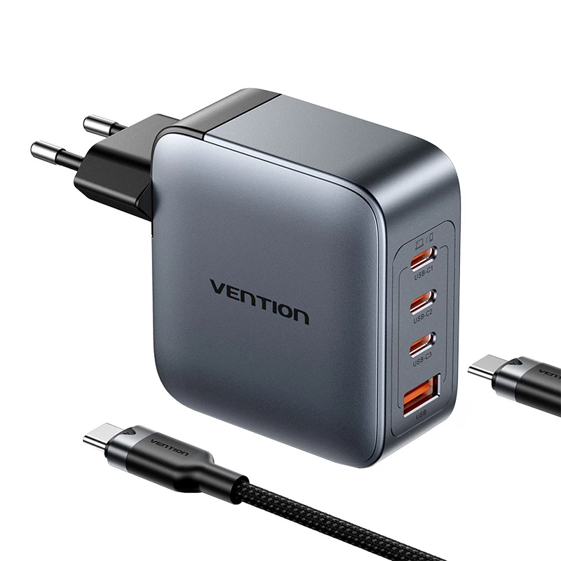 Vention TZ-FETH0-EU carregador GaN de 100 W, 3x USB-C + 1x USB-A, com cabo USB-C para USB-C de 1 m