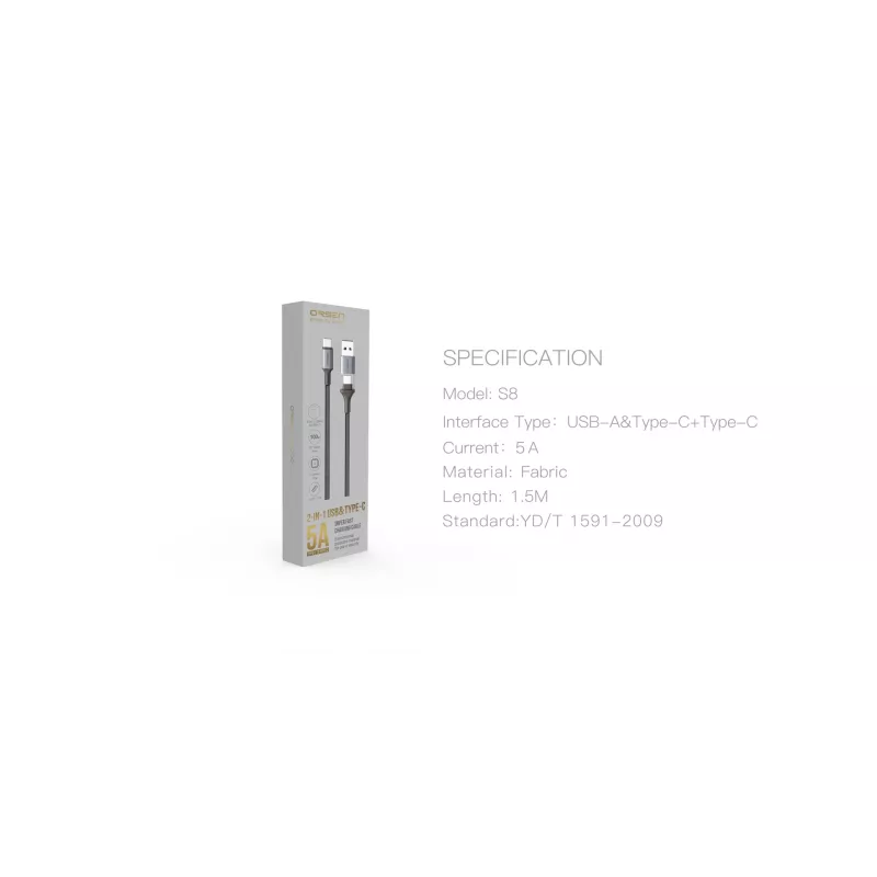 Cabo USB Type-C 2-em-1 Orsen S8, 5A, 1,5 m (carregamento rápido/dados)