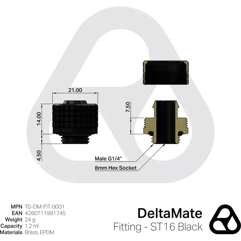 Thermal Grizzly DeltaMate ST16 Conector de refrigeração líquida, Preto