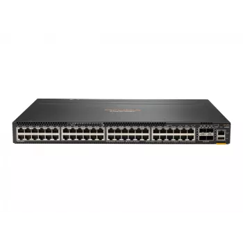 HPE - Aruba 6300M - Switch - L3 - gerido - 48 x 10/100/1000 (1 PoE+) + 4 x 1 Gigabit / 10 Gigabit / 25 Gigabit / 50 Gigabit SFP56 (Uplink / Stacking) Frente e lateral para trás