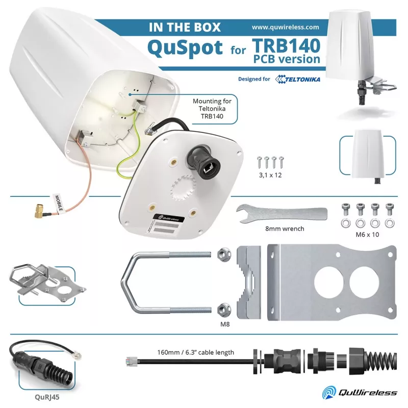 QuWireless QuSpot A140S-A antena LTE omnidirecional para Teltonika TRB140, PoE/LAN, 4 dBi, IP67, branca
